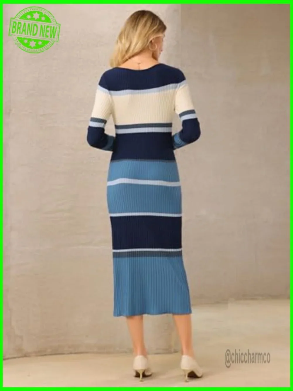 Striped Sweater Dress Long Sleeve Ribbed Knit Bodycon Midi Work Casual - Picture 5 of 6
